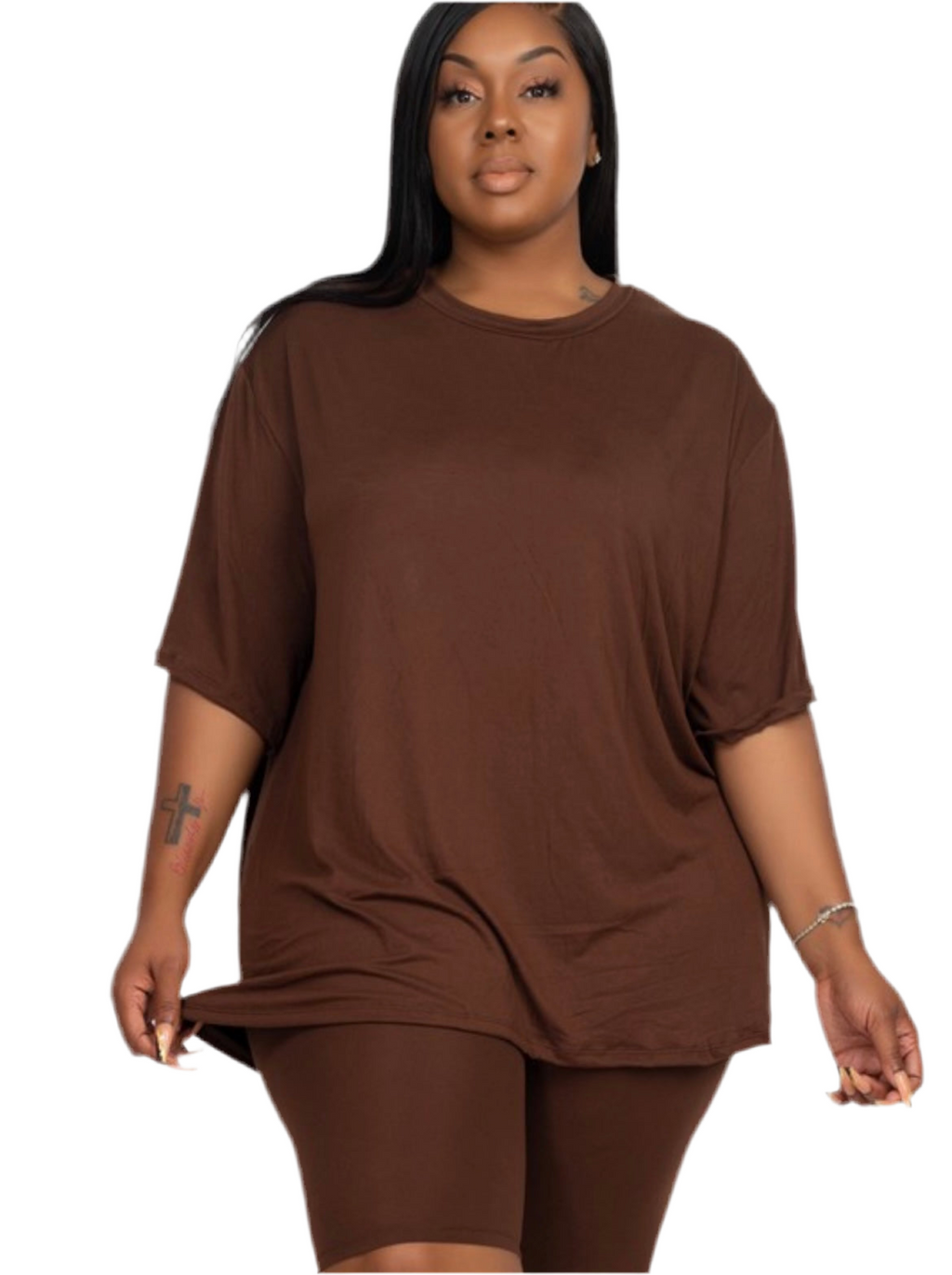 Plus size Baesic t shirt set in brown