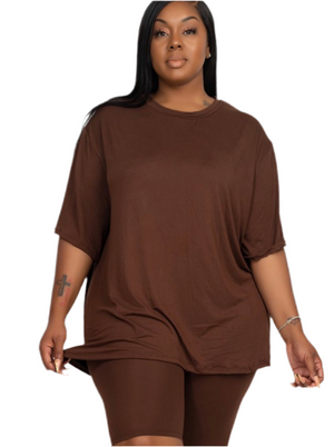 Plus size Baesic t shirt set in brown