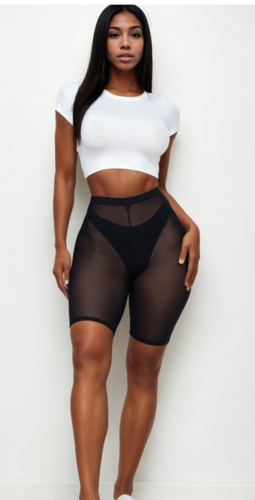 Mesh sheer biker shorts in black