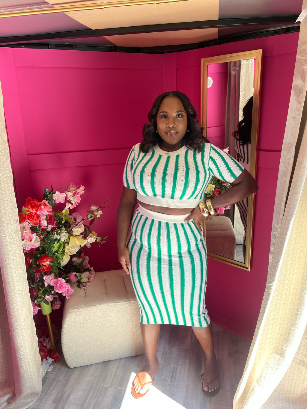 Green and white stripe skirt set