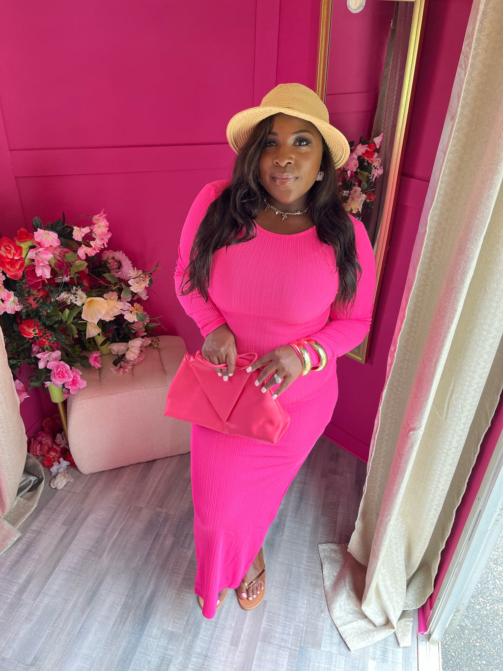 Bubblegum pink long sleeve maxi dress