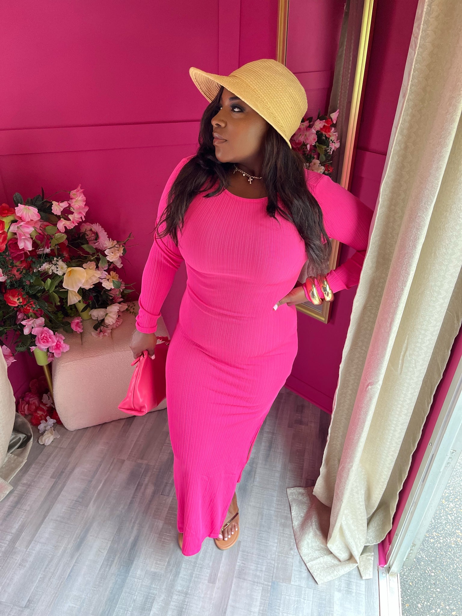 Bubblegum pink long sleeve maxi dress